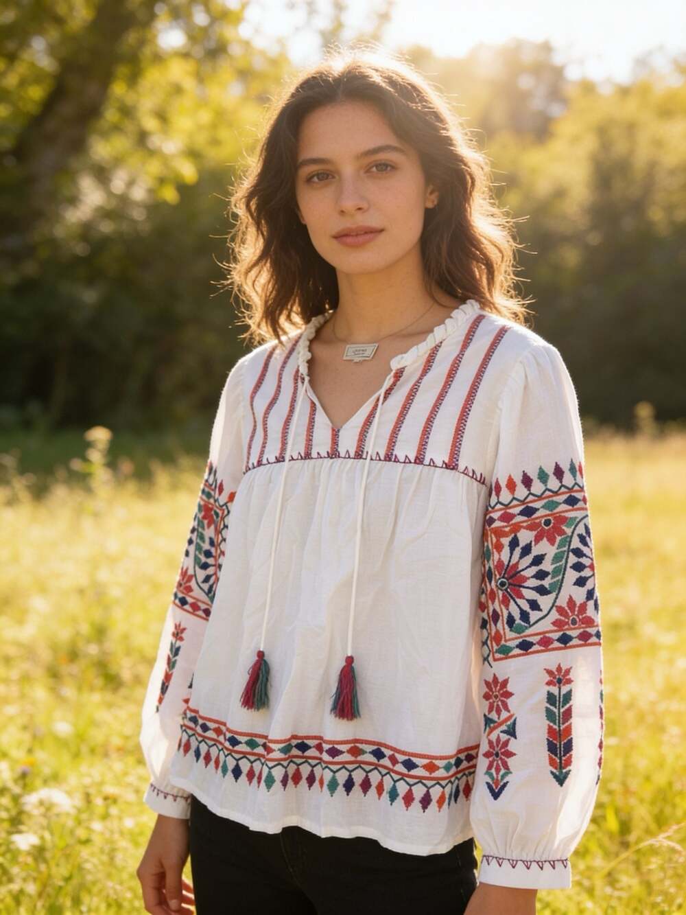 FatFace Embroidered Tassel Peasant Blouse White Ivory 12